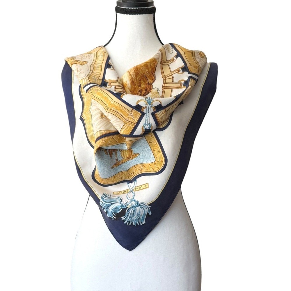 Hermès Paris Rooster Silk Scarf Blue Gold 33" Carré Chicken Print